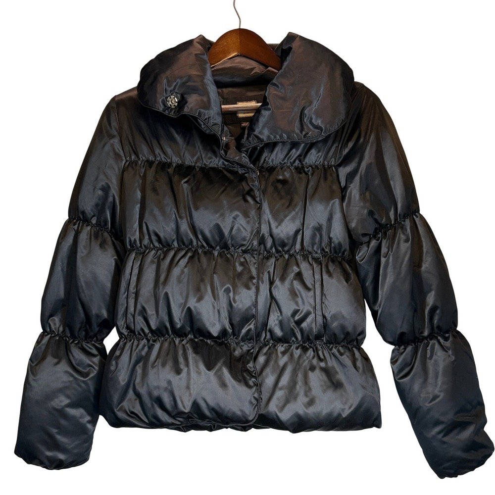 Old Navy Womens M VINTAGE 2006 Black Down Puffer Jacket Funnel Collar Y2K Retro